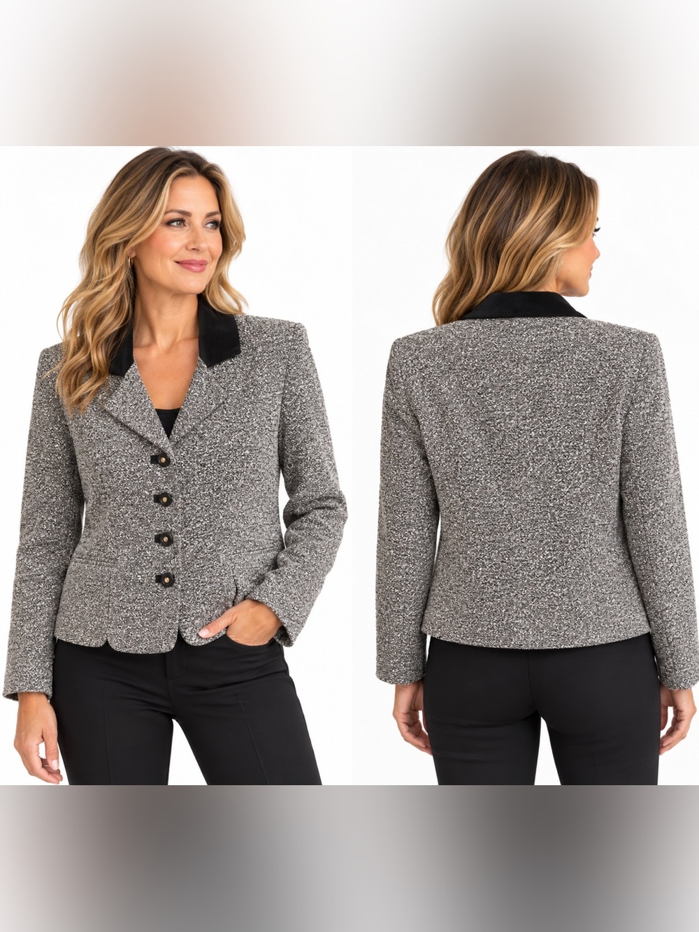 Vintage TOBI Black White Textured Blazer Contrast Collar Made in Canada